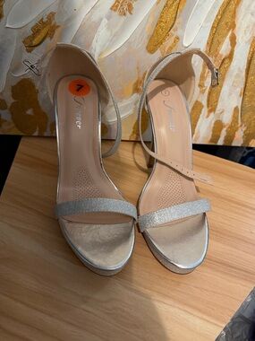 Silver Glitter Ankle-Strap Heeled Sandals